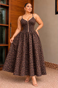 Brown leopard-print gown with slim straps, zip-front fitted bodice and full flared skirt