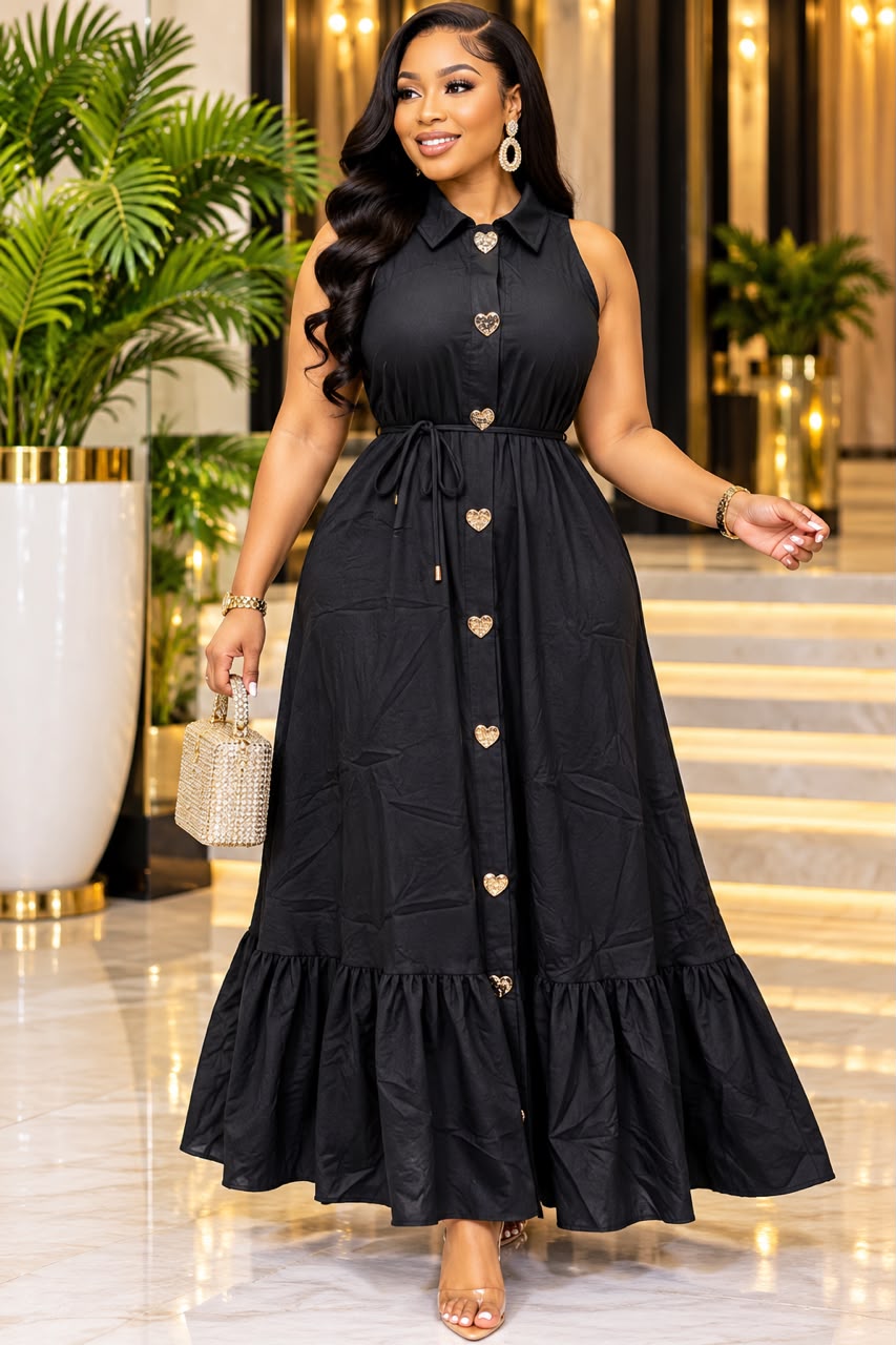 Black sleeveless collared maxi dress with heart-shaped buttons and ruffle hem