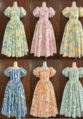 Six floral striped puff-sleeve midi dresses in light green, pink, yellow, blue, orange and sage green