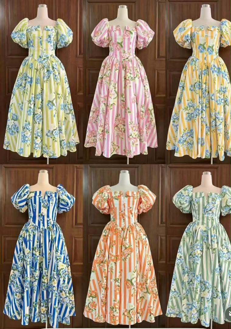 Six floral striped puff-sleeve midi dresses in light green, pink, yellow, blue, orange and sage green