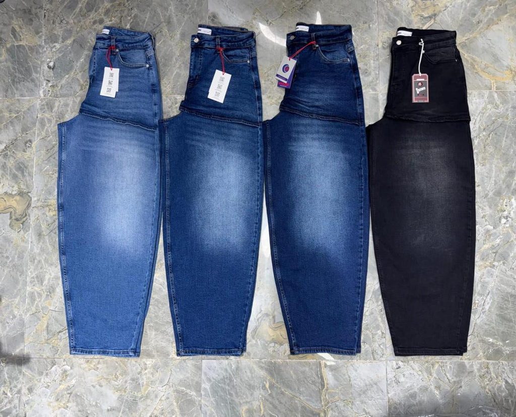 Blue denim skirt-overlay wide-leg jeans styled on a model