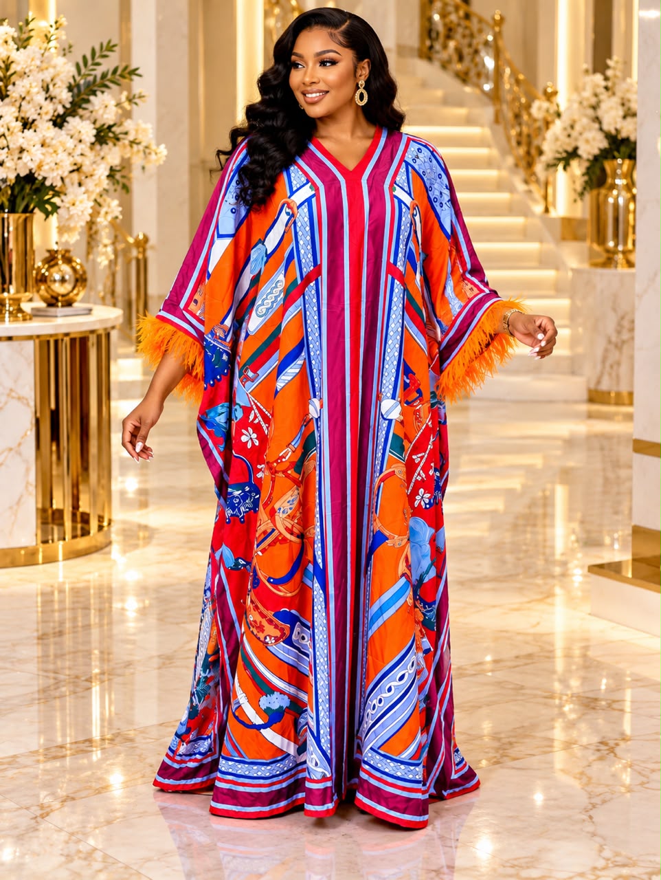 Model wearing the multicolour scarf-print free-size kaftan