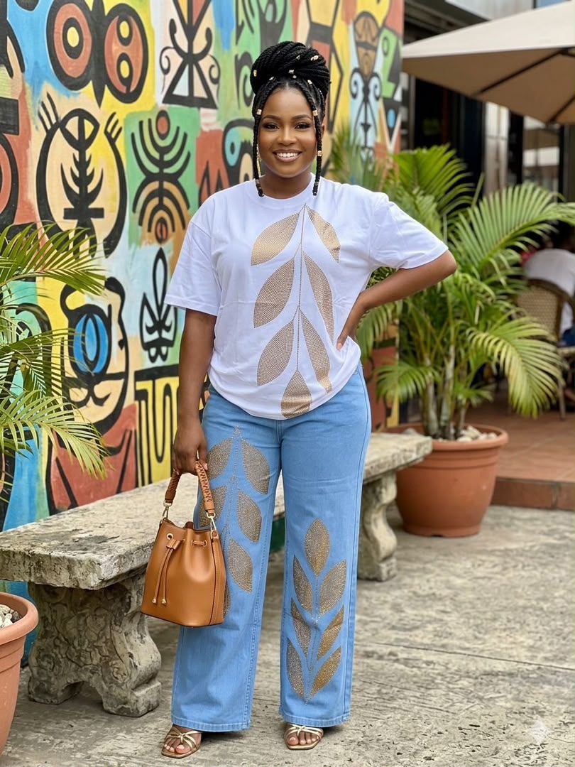Rhinestone  Tee & Wide-Leg Jeans Co-ord Set