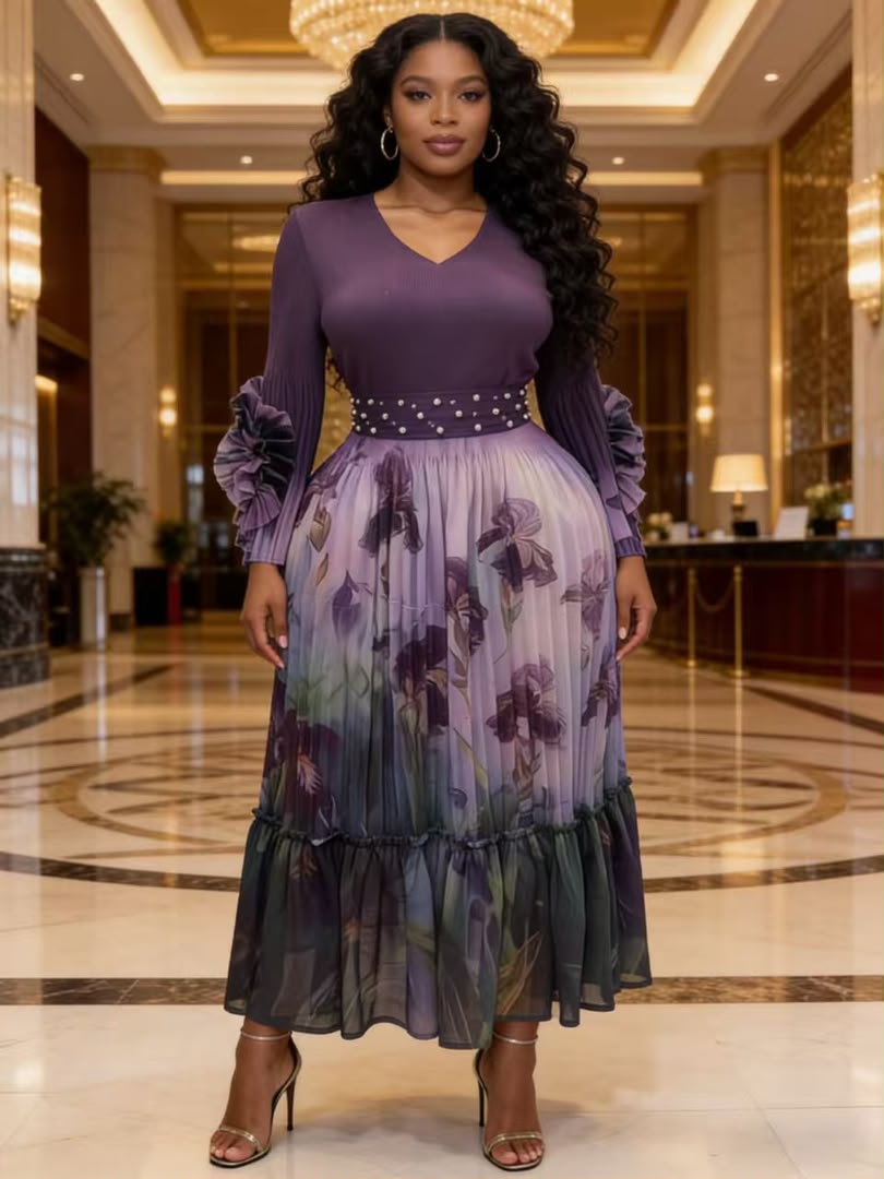 Pearl Belt Pleated Midi Dress