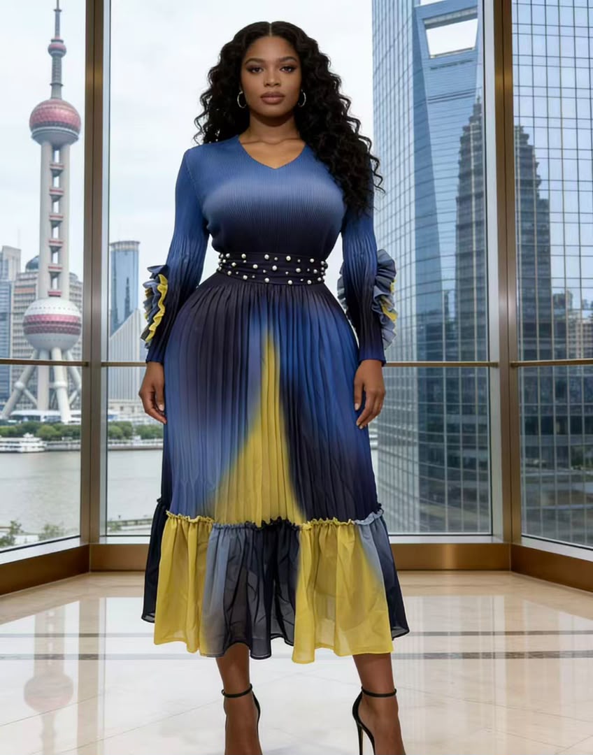 Pearl Belt Pleated Midi Dress