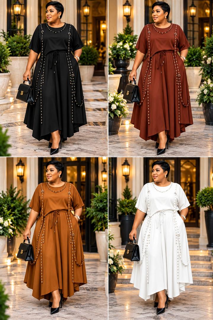 Embellished flowing outfits shown in black, rust brown, caramel and white