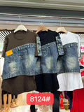 Olive brown, black and white short-sleeve tops with blue denim-look panels