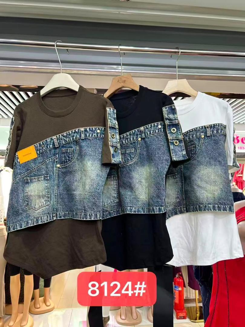 Olive brown, black and white short-sleeve tops with blue denim-look panels