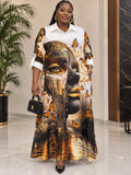 White and gold shirt gown with butterfly and portrait print