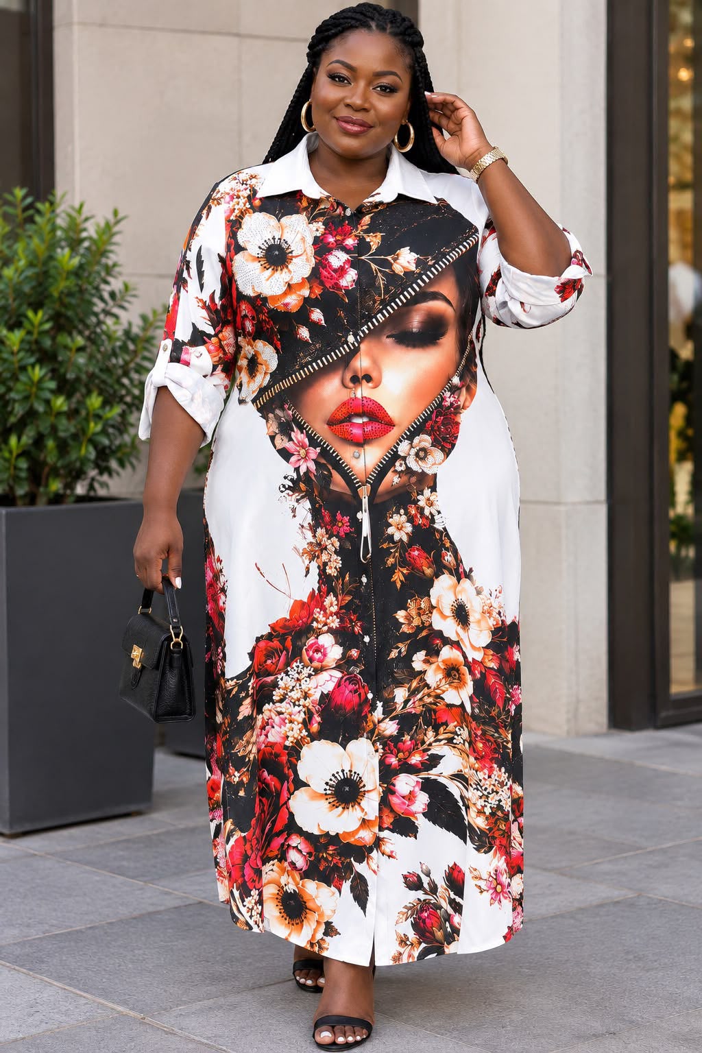 White shirt gown with red floral and portrait print