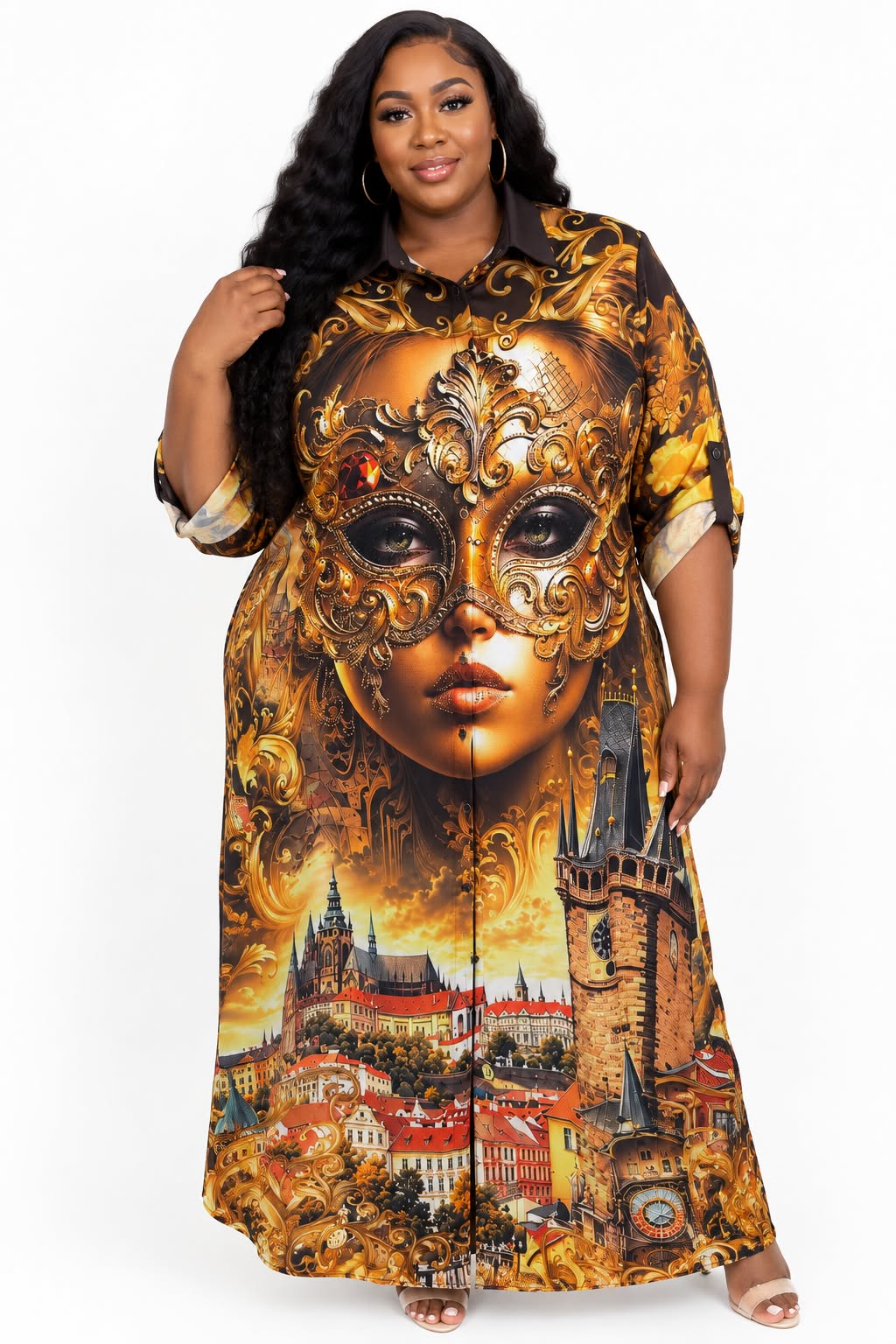 Gold and black shirt gown with ornate mask portrait and cityscape print