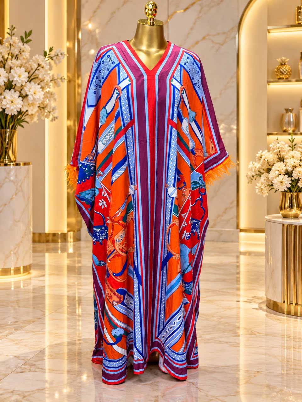 Multicolour scarf-print maxi kaftan with V-neck and orange fringe sleeves on a mannequin